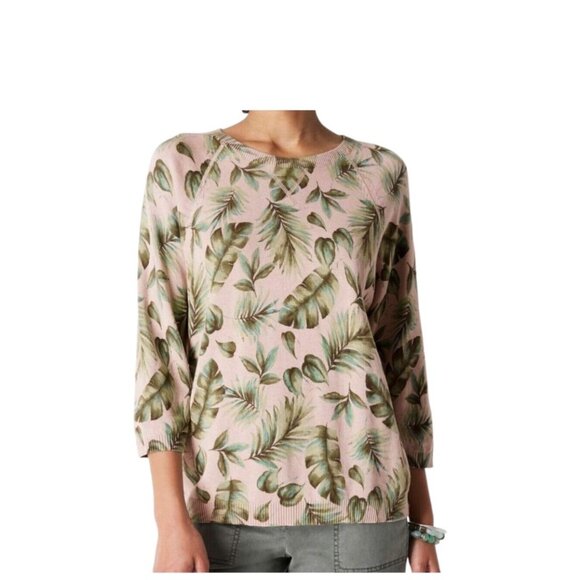 J. Jill Palm Leaf Print Crewneck Sweater Beige Size L Neutral Lightweight Boho - Picture 1 of 15